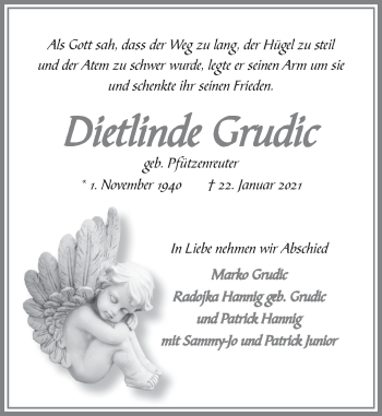 Traueranzeige von Dietlinde Grudic von Neue Deister-Zeitung