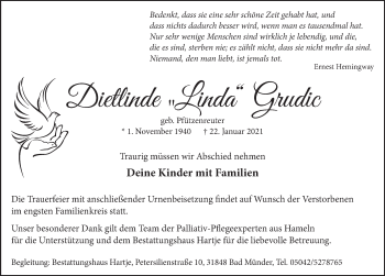 Traueranzeige von Dietlinde Grudic von Neue Deister-Zeitung