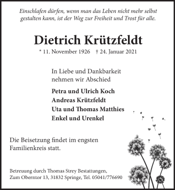 Traueranzeige von Dietrich Krützfeldt von Neue Deister-Zeitung