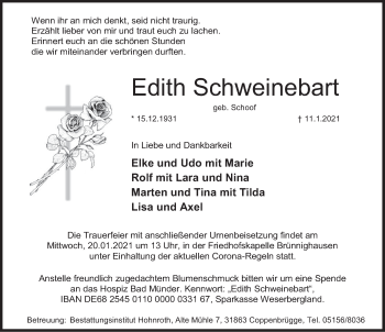 Traueranzeige von Edith Schweinebart von Deister- und Weserzeitung