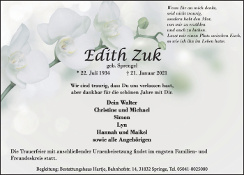 Traueranzeige von Edith Zuk von Neue Deister-Zeitung