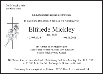 Traueranzeige von Elfriede Mickley von Deister- und Weserzeitung