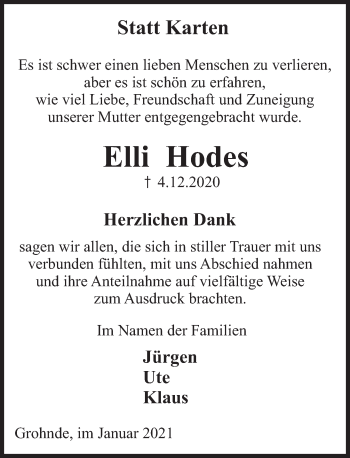 Traueranzeige von Elli Hodes von Deister- und Weserzeitung