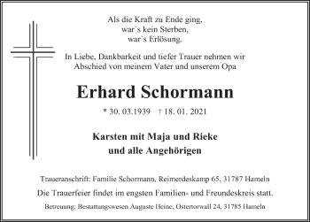 Traueranzeige von Erhard Schormann von Deister- und Weserzeitung