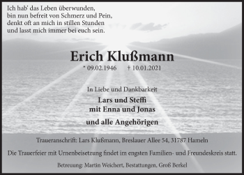 Traueranzeige von Erich Klußmann von Deister- und Weserzeitung