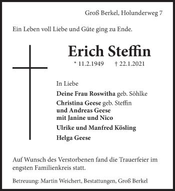 Traueranzeige von Erich Steffin von Deister- und Weserzeitung