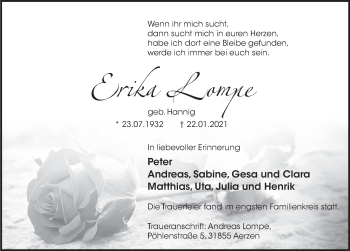 Traueranzeige von Erika Lompe von Deister- und Weserzeitung
