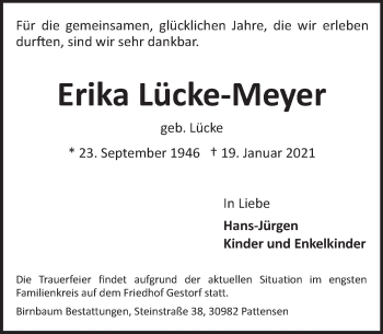 Traueranzeige von Erika Lücke-Meyer von Neue Deister-Zeitung