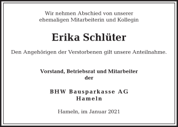 Traueranzeige von Erika Schlüter von Deister- und Weserzeitung