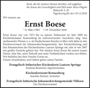 Traueranzeige von Ernst Boese von Neue Deister-Zeitung