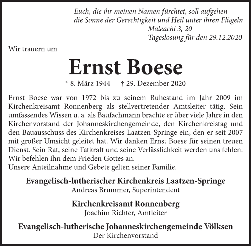  Traueranzeige für Ernst Boese vom 16.01.2021 aus Neue Deister-Zeitung