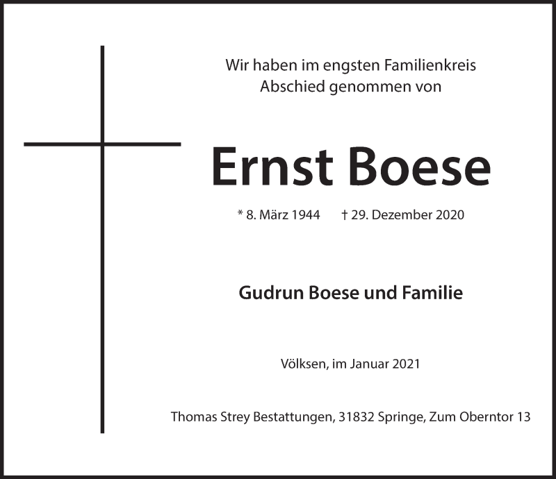  Traueranzeige für Ernst Boese vom 16.01.2021 aus Neue Deister-Zeitung