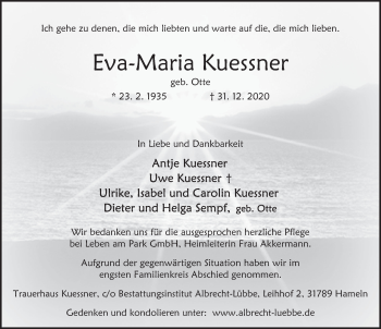 Traueranzeige von Eva-Maria Kuessner von Deister- und Weserzeitung