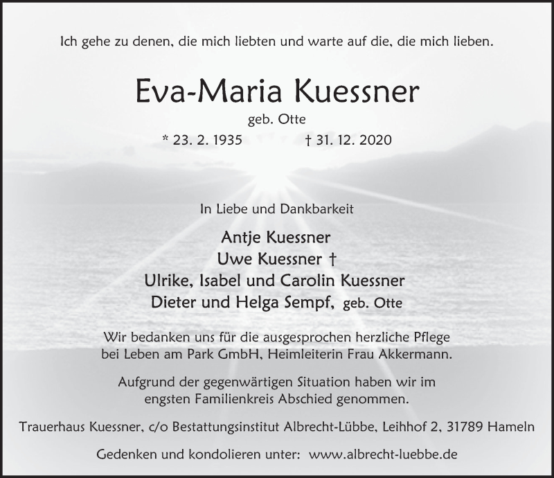  Traueranzeige für Eva-Maria Kuessner vom 23.01.2021 aus Deister- und Weserzeitung