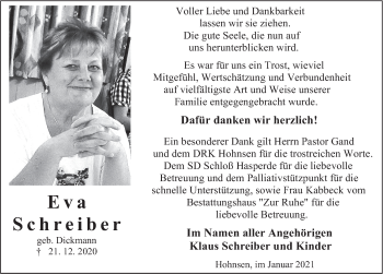 Traueranzeige von Eva Schreiber von Deister- und Weserzeitung