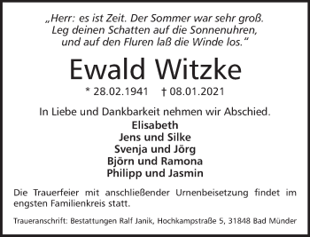Traueranzeige von Ewald Witzke von Neue Deister-Zeitung