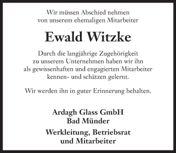 Traueranzeige von Ewald Witzke von Neue Deister-Zeitung