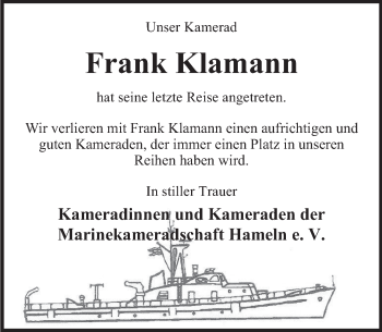 Traueranzeige von Frank Klamann von Deister- und Weserzeitung