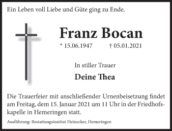 Traueranzeige von Franz Bocan von Deister- und Weserzeitung