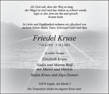 Traueranzeige von Friedel Kruse von Deister- und Weserzeitung