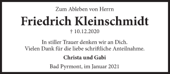 Traueranzeige von Friedrich Kleinschmidt von Deister- und Weserzeitung