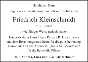Traueranzeige von Friedrich Kleinschmidt von Deister- und Weserzeitung