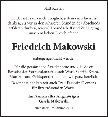 Traueranzeige von Friedrich Makowski von Neue Deister-Zeitung