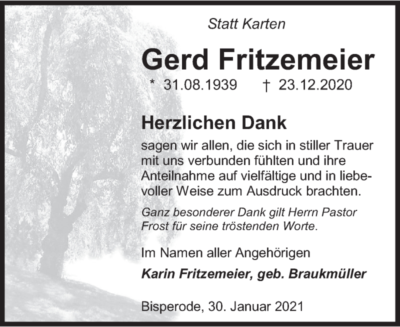 Traueranzeige für Gerd Fritzemeyer vom 30.01.2021 aus Deister- und Weserzeitung