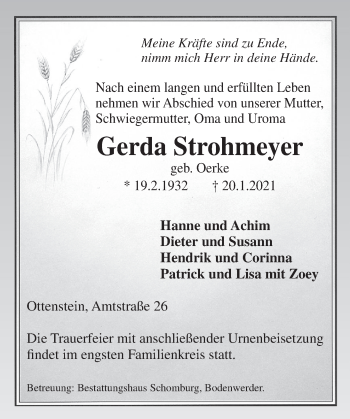 Traueranzeige von Gerda Strohmeyer von Deister- und Weserzeitung
