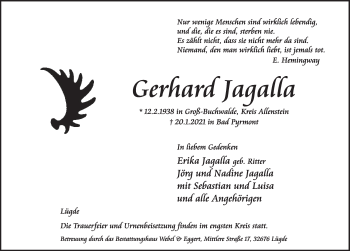 Traueranzeige von Gerhard Jagalla von Deister- und Weserzeitung