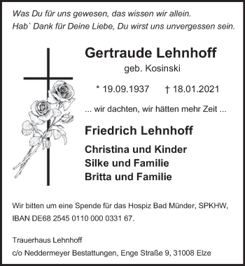 Traueranzeige von Gertraude Lehnhoff von Deister- und Weserzeitung