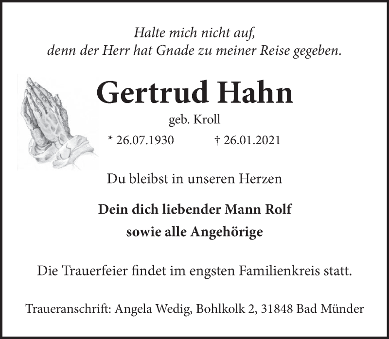  Traueranzeige für Gertrud Hahn vom 30.01.2021 aus Neue Deister-Zeitung