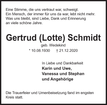Traueranzeige von Gertrud  Schmidt von Deister- und Weserzeitung