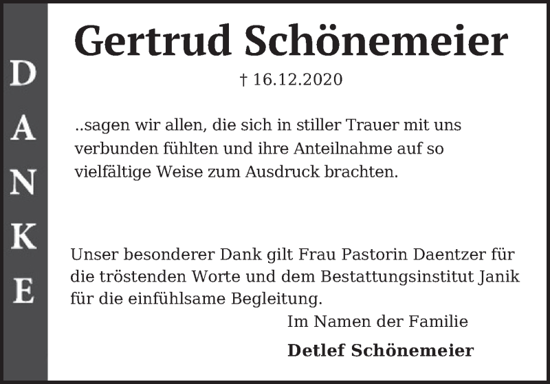  Traueranzeige für Gertrud Schönemeier vom 16.01.2021 aus Neue Deister-Zeitung