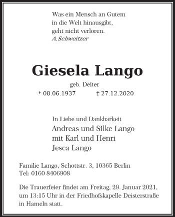 Traueranzeige von Giesela Lango von Deister- und Weserzeitung