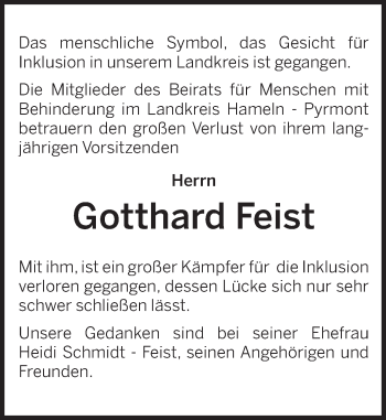 Traueranzeige von Gotthard Feist von Deister- und Weserzeitung