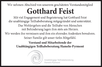 Traueranzeige von Gotthard Feist von Deister- und Weserzeitung