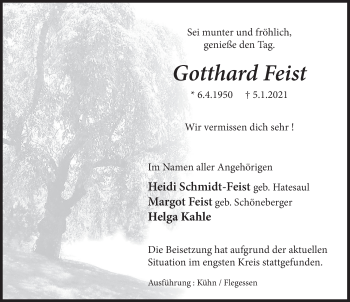 Traueranzeige von Gotthard Feist von Deister- und Weserzeitung