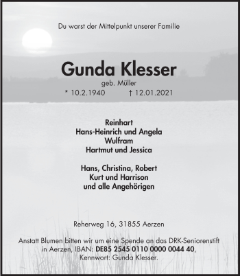 Traueranzeige von Gunda Klesser von Deister- und Weserzeitung