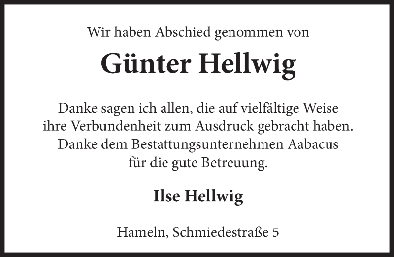  Traueranzeige für Günter Hellwig vom 23.01.2021 aus Deister- und Weserzeitung