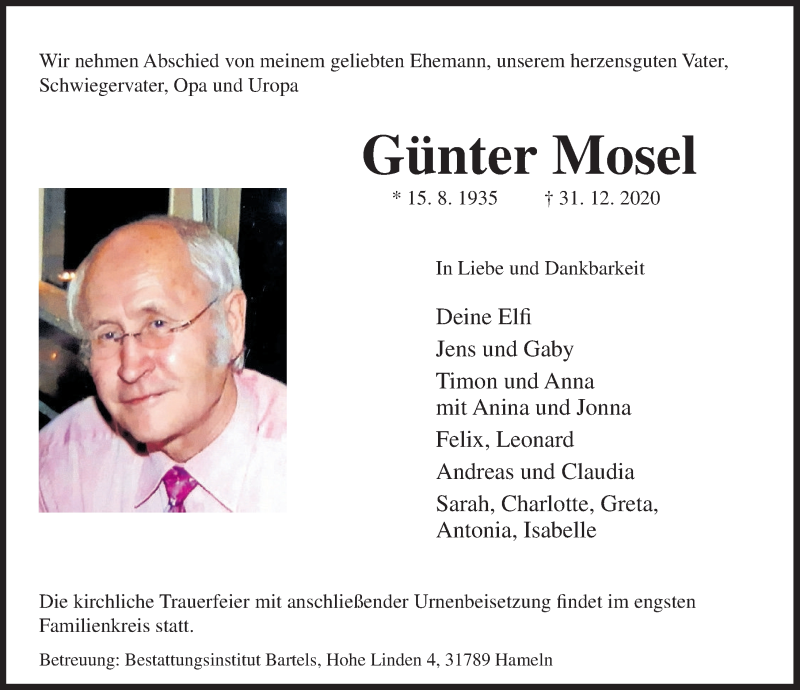  Traueranzeige für Günter Mosel vom 16.01.2021 aus Deister- und Weserzeitung