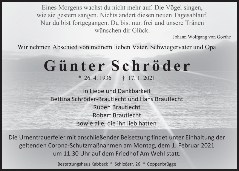  Traueranzeige für Günter Schröder vom 23.01.2021 aus Deister- und Weserzeitung