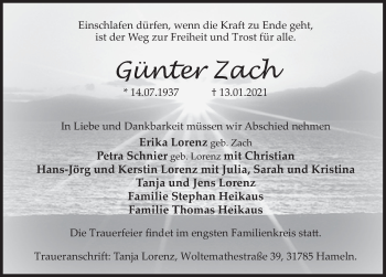 Traueranzeige von Günter Zach von Deister- und Weserzeitung