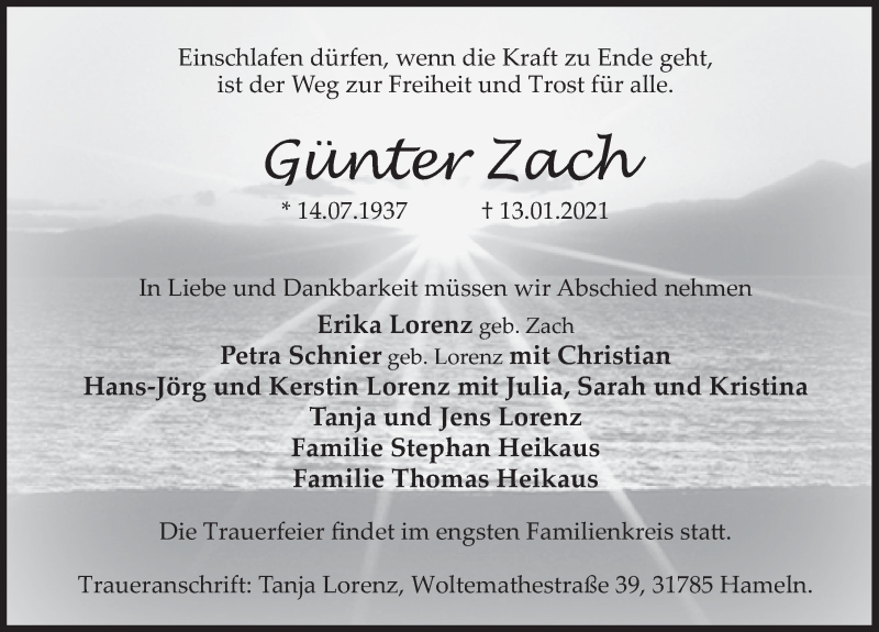  Traueranzeige für Günter Zach vom 23.01.2021 aus Deister- und Weserzeitung