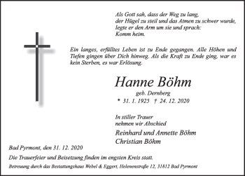 Traueranzeige von Hanne Böhm von Deister- und Weserzeitung