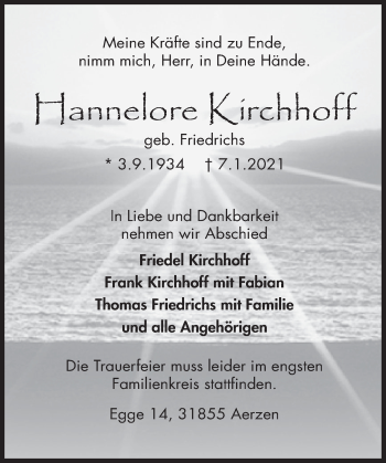Traueranzeige von Hannelore Kirchhoff von Deister- und Weserzeitung