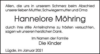 Traueranzeige von Hannelore Möhring von Deister- und Weserzeitung