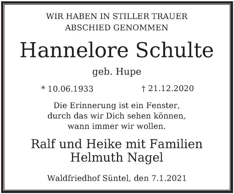  Traueranzeige für Hannelore Schulte vom 08.01.2021 aus Deister- und Weserzeitung