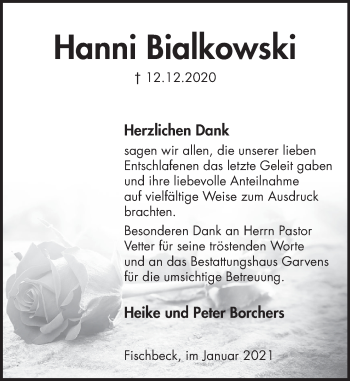 Traueranzeige von Hanni Bialkowski von Deister- und Weserzeitung