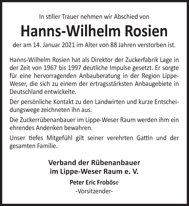  Traueranzeige für Hanns-Wilhelm Rosien vom 23.01.2021 aus Deister- und Weserzeitung